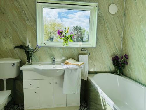 a bathroom with a sink and a window at Meadow Cottage in King's Lynn
