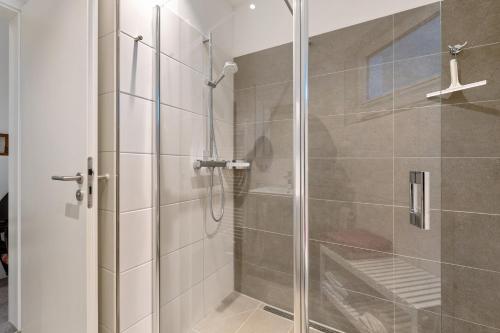 a shower with a glass door in a bathroom at Seeschwalbe in Olpenitz