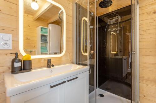 a bathroom with a sink and a shower at Chalet 5 personnes, proche canal in Landeleau