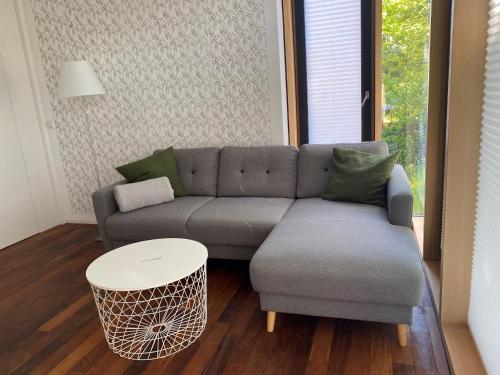 a living room with a couch and a table at Falterweg in Immenstaad am Bodensee