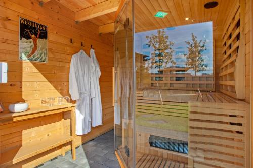 a sauna with a glass shower in a cabin at Ferienhaus Sauerland am Hennesee in Meschede