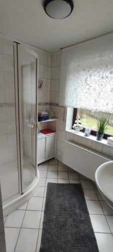 a bathroom with a shower and a sink at Sauerland Alm Winterberg 5 mit Pool in Hallenberg