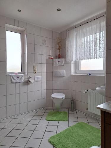 ein Badezimmer mit Toilette und einem grünen Teppich in der Unterkunft Bei Oparius in Ganderkesee