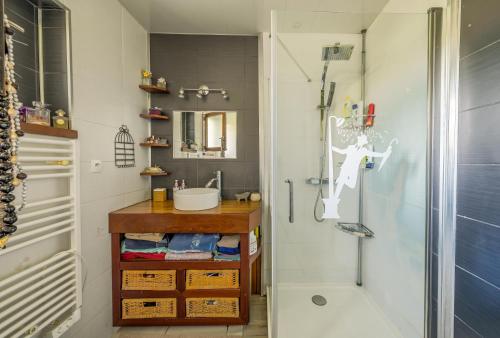 a bathroom with a sink and a shower at Maison agréable et tranquille in Gujan-Mestras