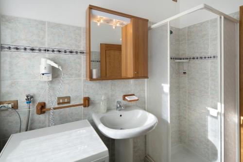 a bathroom with a sink and a mirror and a shower at Residence Malibu Appartamento 4 in Falcade