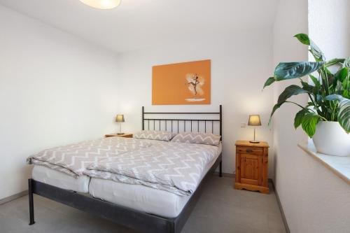 a bedroom with a bed and a potted plant at Ferienwohnung am Klemmbach in Müllheim