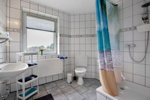 a bathroom with a sink and a toilet and a shower at Ferienwohnung Postel in Meldorf