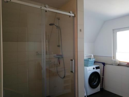 a shower in a bathroom with a washing machine at Am Froschteich in Dolgen