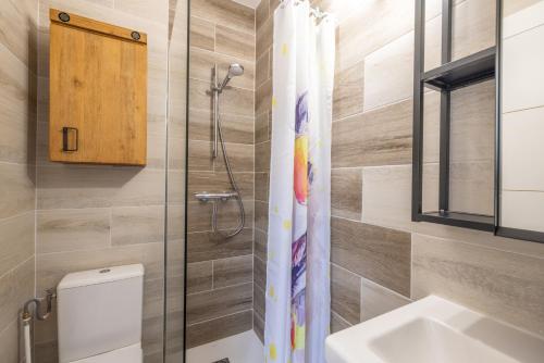 a bathroom with a shower and a toilet and a sink at Les Narcisses in Morillon