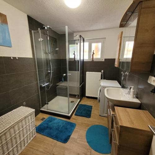 a bathroom with a shower and a sink at Ferienwohnung Härtel in Schramberg