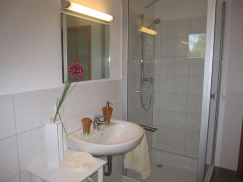 a white bathroom with a sink and a shower at Apfelhof - Ferienwohnung Wielath in Salem