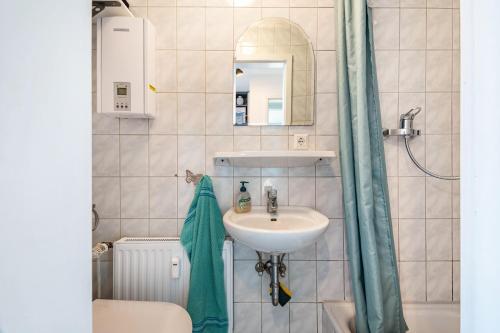 a bathroom with a sink and a mirror at Harmonie Tiny House in Oyten
