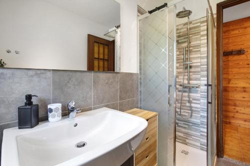 a bathroom with a white sink and a shower at Maison Le Cré Appartamento 2 in Introd
