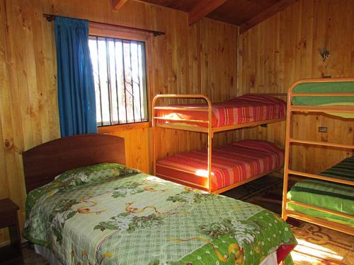a bedroom with two bunk beds and a window at Cabañas Entremontañas Coñaripe in Coñaripe