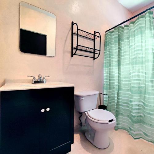a bathroom with a toilet and a sink and a mirror at Casa Maya Villa with Private Pool Bar and Parking Merida in Mérida