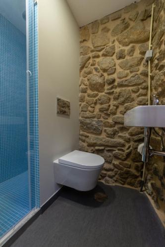 a bathroom with a toilet and a stone wall at Villae Carreiro in Palmeira