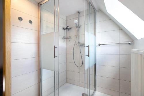 a shower with a glass door in a bathroom at An der Rehkoppel in Boren