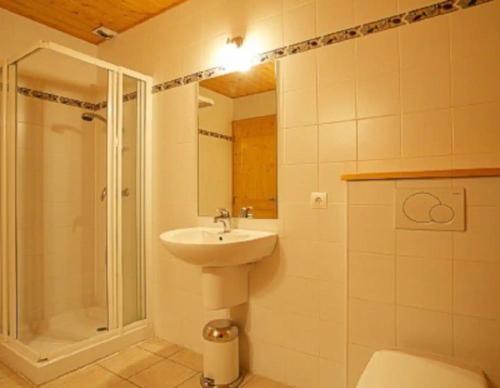 a bathroom with a sink and a shower and a toilet at Chalet Myrtille in Morzine