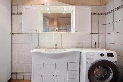 a bathroom with a sink and a washing machine at Gemütliche Wohnung Buchholz i d N in Buchholz in der Nordheide