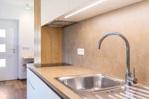 a kitchen with a sink and a counter top at Haus Rosengarten Apt B in Terlano