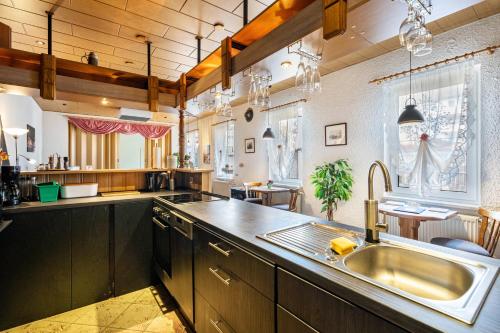 a large kitchen with a sink and a counter at Ferienhaus Nestwärme in Calau