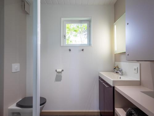a bathroom with a toilet and a sink and a window at La Cafoutche de Minus rénovée 2pers in Gommenecʼh