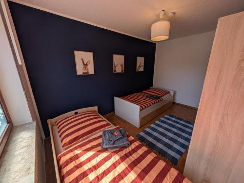 a bedroom with two beds and a blue wall at Das Spatzennest in Riol