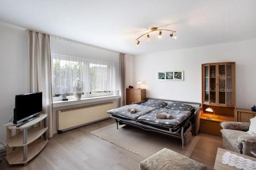a living room with a bed and a tv at Ruhrtalblick in Bestwig