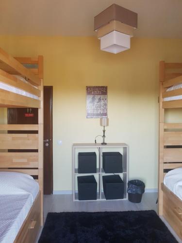 sypialnia z 2 łóżkami piętrowymi i niebieskim dywanem w obiekcie Almancil Hostel w mieście Almancil