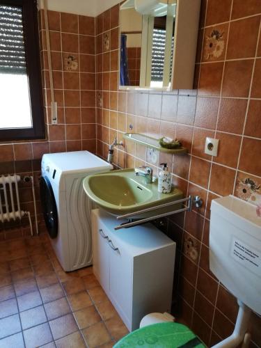 a bathroom with a sink and a washing machine at Luitje Gasthuus in Krummhörn