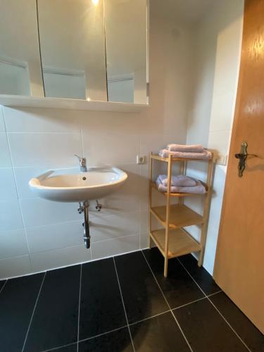 a bathroom with a sink and a wooden shelf at Schwarzwaldnest Dachsberg in Wilfingen