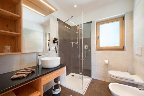 a bathroom with a shower and a sink and a toilet at Teutenhofer Apfel in Feldthurns
