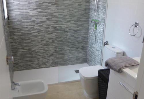 a bathroom with a shower and a toilet and a sink at Great apartment with pool - jacuzi in Villacosta