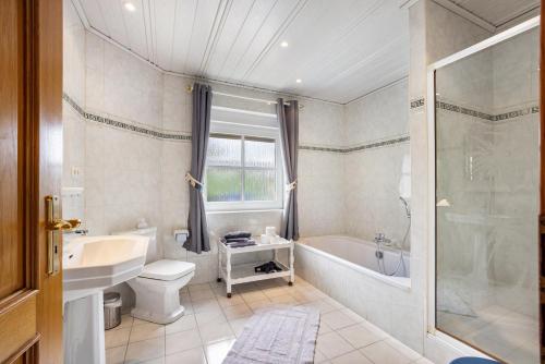 a bathroom with a tub and a toilet and a sink at Ferienhaus Erlengrund A in Schafstedt