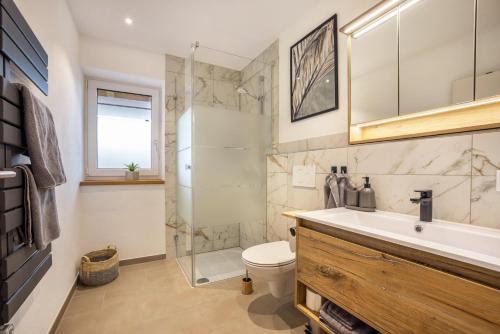 a bathroom with a shower and a toilet and a sink at Ferienwohnung Alpenvorland in Seeg