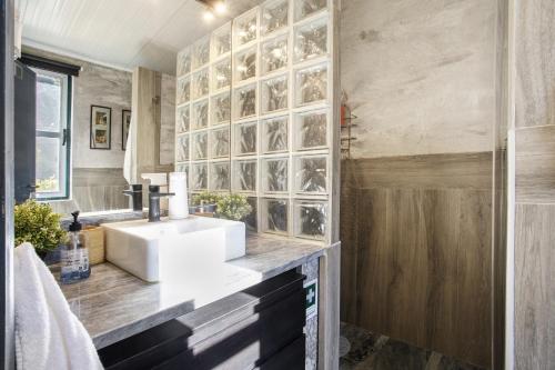 a bathroom with a sink and a mirror at Casa do Campo Dornes Três in Paio Mendes