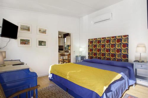 a bedroom with a blue and yellow bed and a television at Casa do Campo Dornes Três in Paio Mendes