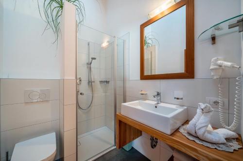a bathroom with a sink and a shower at Ferienhaus Larch Soge Apt Karin in Racines