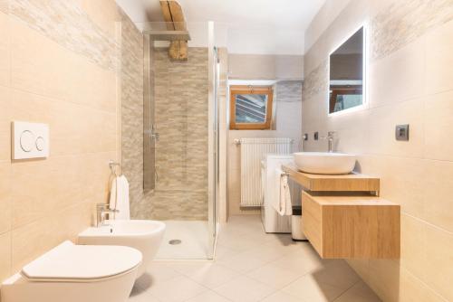 a bathroom with a toilet and a sink and a shower at Appartamento Glolo 2 in San Lorenzo in Banale