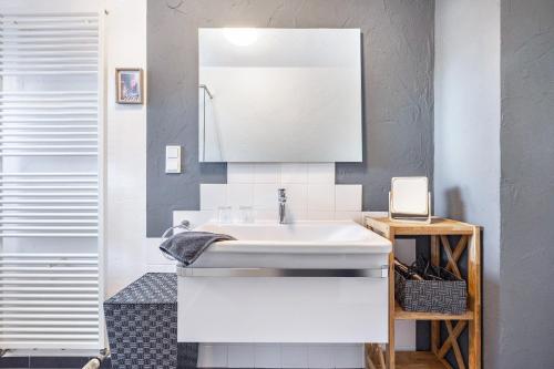 a bathroom with a sink and a mirror at Waldgästehaus Externsteine in Horn-Bad Meinberg