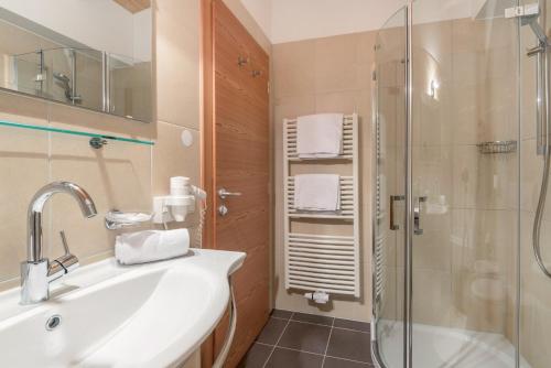 a bathroom with a sink and a shower at Sabina Dolomites Birke in Alpe di Siusi