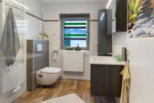a bathroom with a toilet and a sink and a window at Haus Mari in Gommern