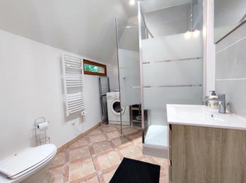 a bathroom with a toilet and a sink and a washing machine at Gîte Le Clos aux Cerises in Eu