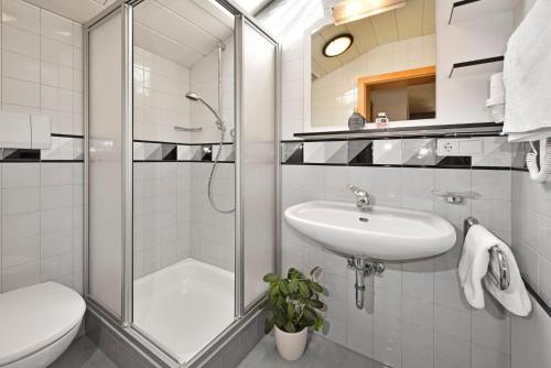a bathroom with a shower and a sink and a toilet at Alpenchalet Niederkofler Isabella in San Giovanni in Val Aurina