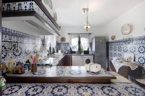 a kitchen with blue and white tiles on the walls at Casa Do Bico Da Biarritz in Costa Nova
