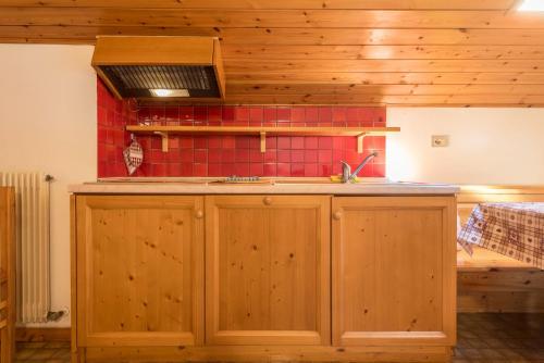 a kitchen with wooden cabinets and a red tiled wall at Casa Lorenz 4 in Canazei