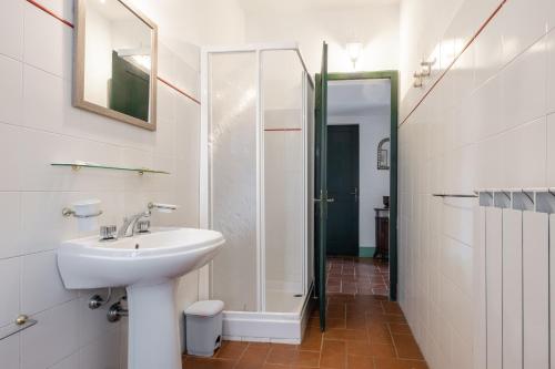 a bathroom with a sink and a shower at Appartamento Glicine in Radicofani