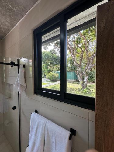 a bathroom with a window and a towel at Casa Makuira 2 in El Valle de Antón