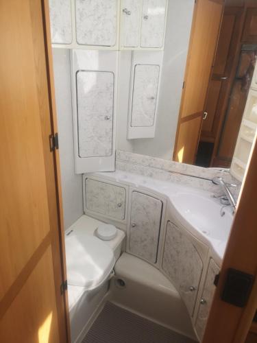 a small bathroom with a toilet and a sink at Roca Caravan in Estepona