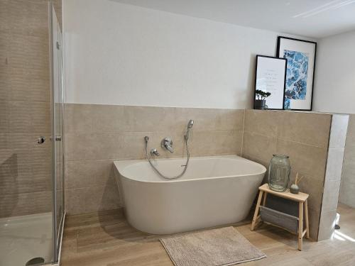 a white bath tub in a bathroom with a shower at Haus Alb-Apfel in Apfelstetten